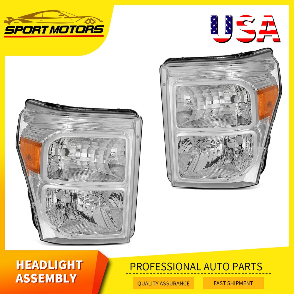 2011-2016 Ford F250 F350 F450 Super Duty Amber Chrome Headlights