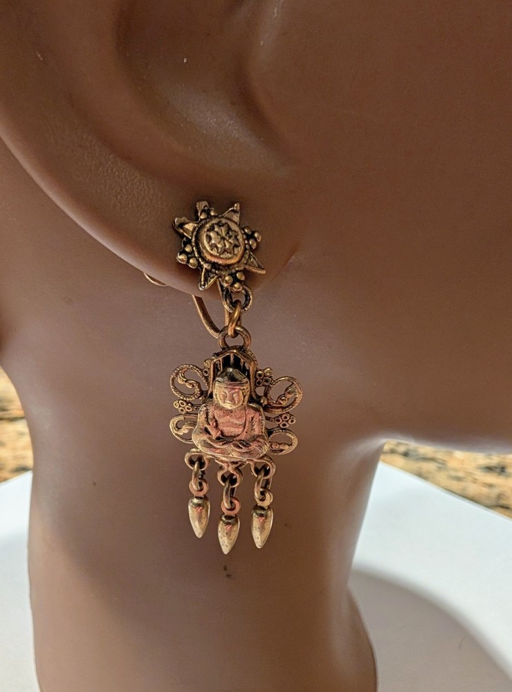 Vintage Gold Tone Buddha Dangle Drop Screw Back Earrings