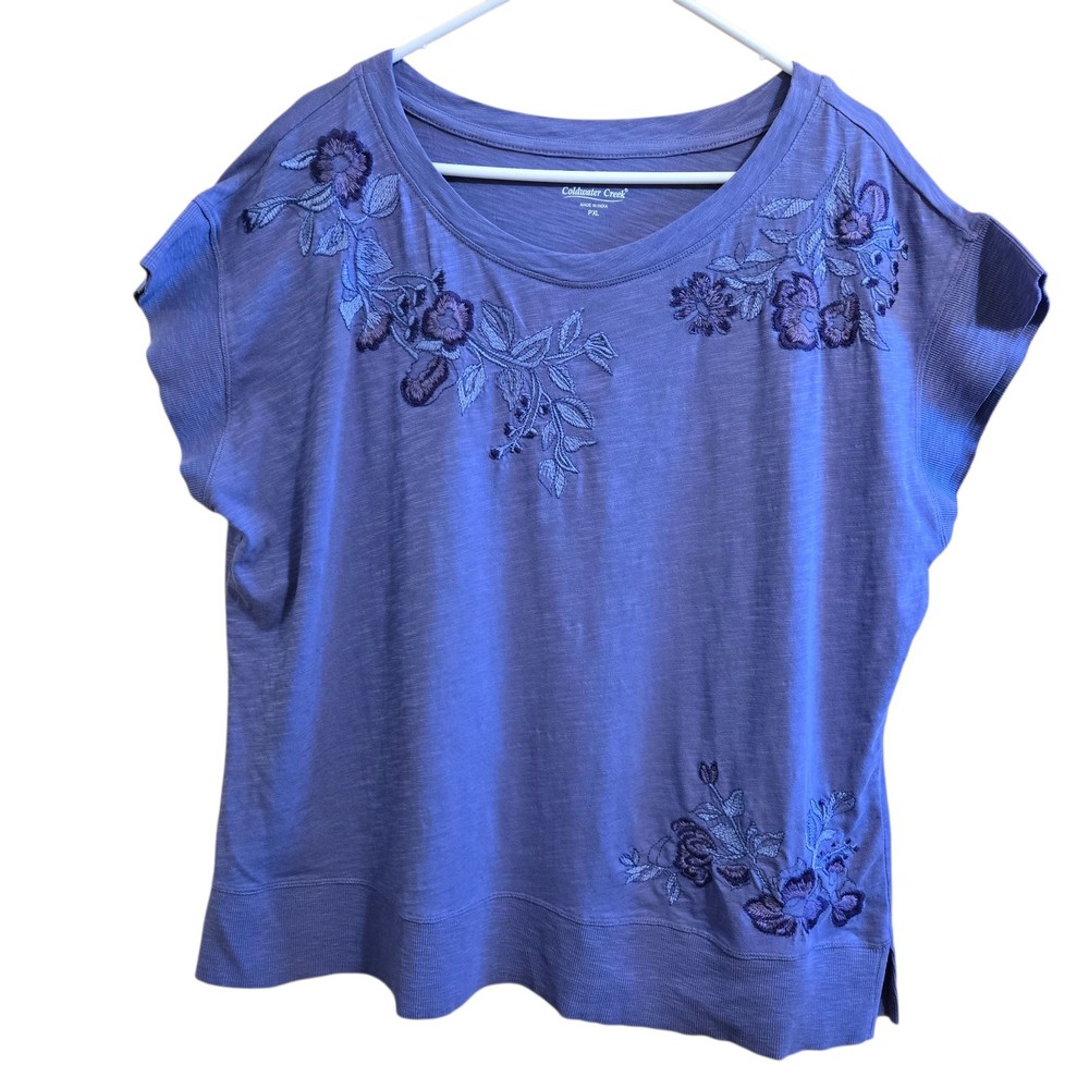 Coldwater Creek Top Short Sleeve Size Petite Xtra Large Purple Embroidered Boho