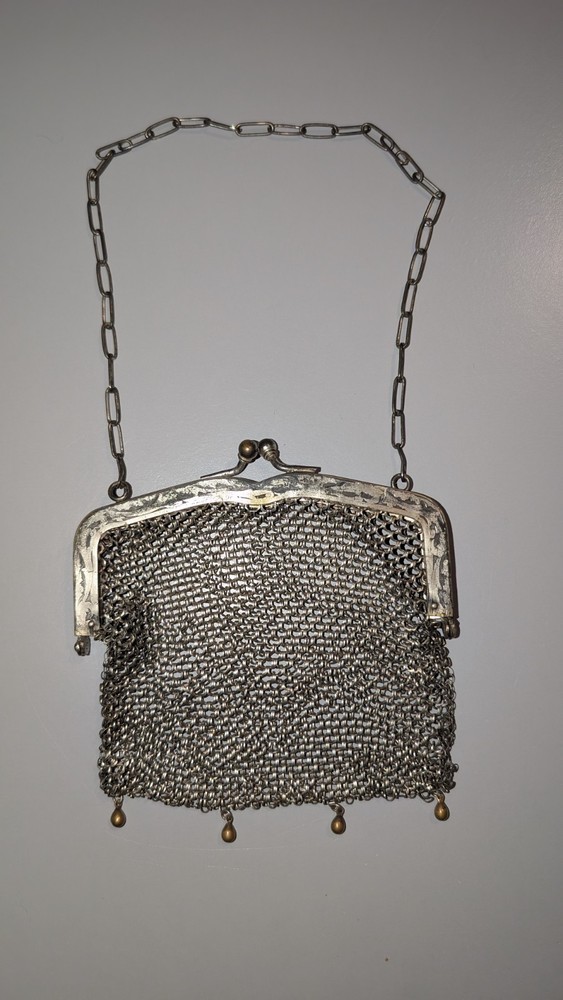 ANTIQUE GERMAN SILVER ART NOUVEAU CHAINMAIL MESH EVENING BAG PURSE
