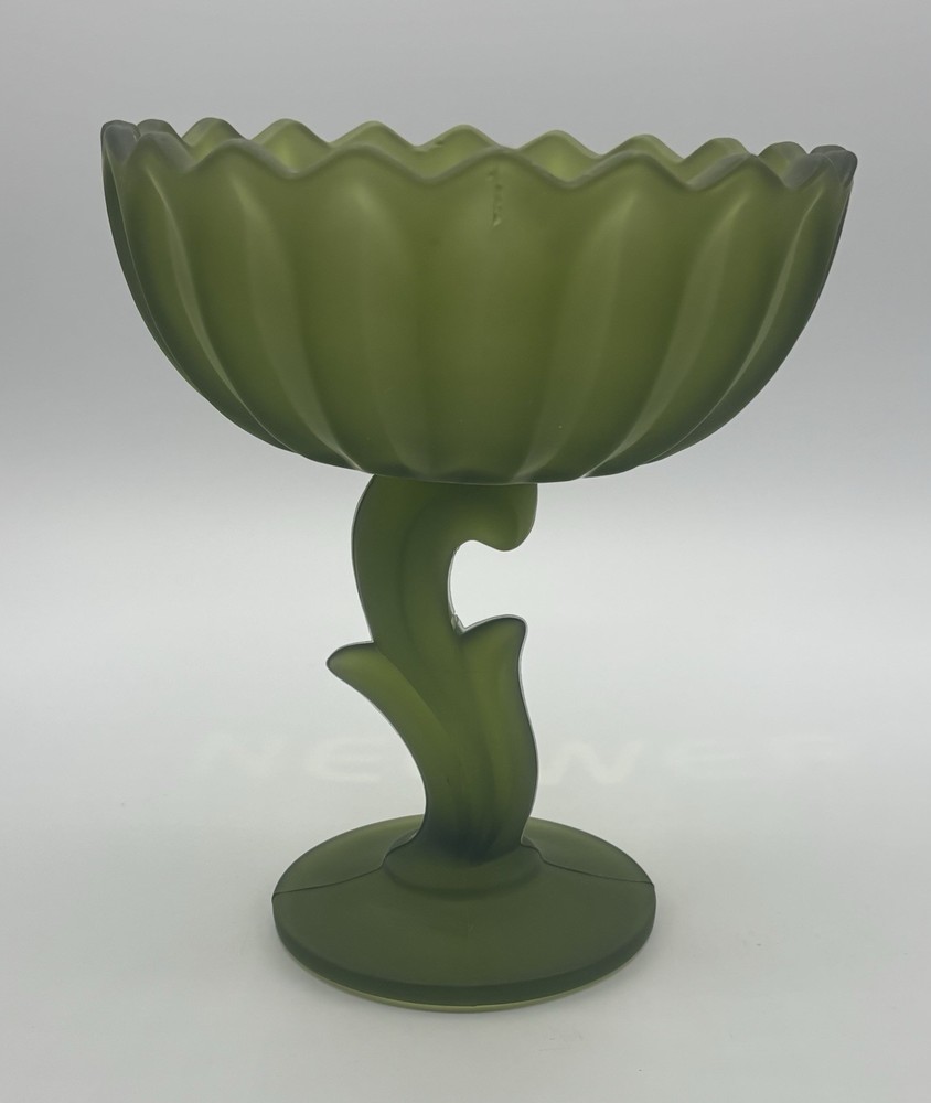 Vintage Indiana Green Frosted Glass Lotus Blossom Compote Candy Dish Pedestal