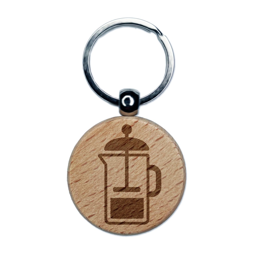 French Press Coffee Engraved Wood Round Keychain Tag Charm
