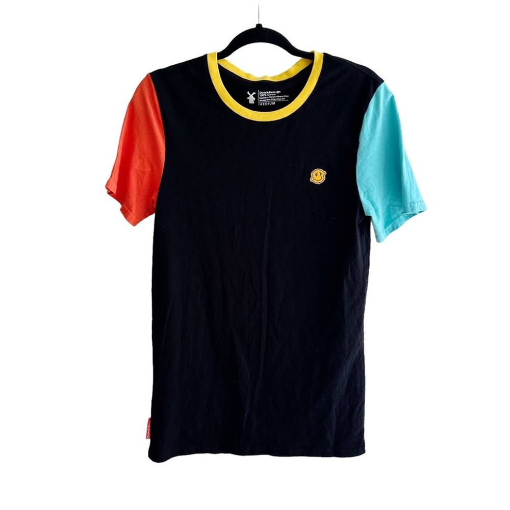 Dutch Bros Colorblock Smiley Face Short Sleeve T-Shirt Black Blue Men's Size Med