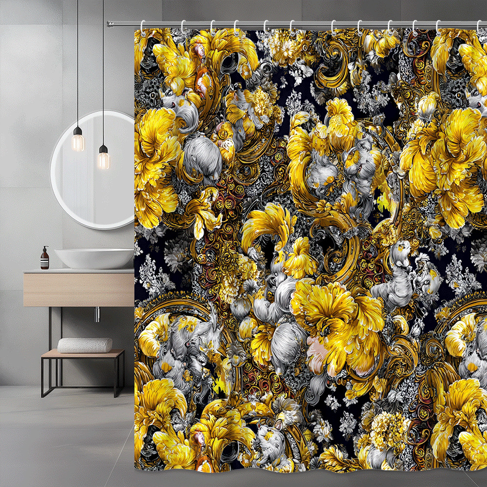 Yellow Floral Shower Curtain Black Gold Baroque Print