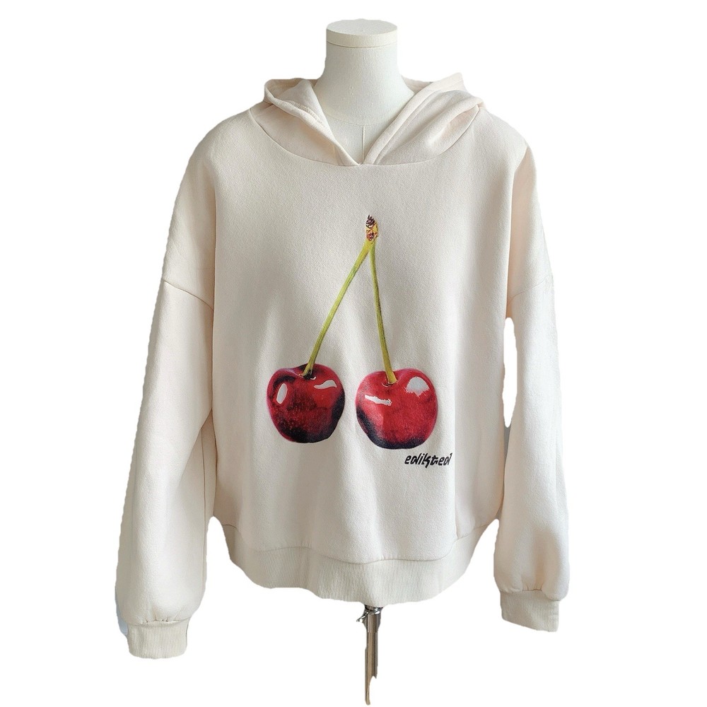 Edikted Cherry Graphic Hoodie Oversized Cream Fleece Sweatshirt Women S