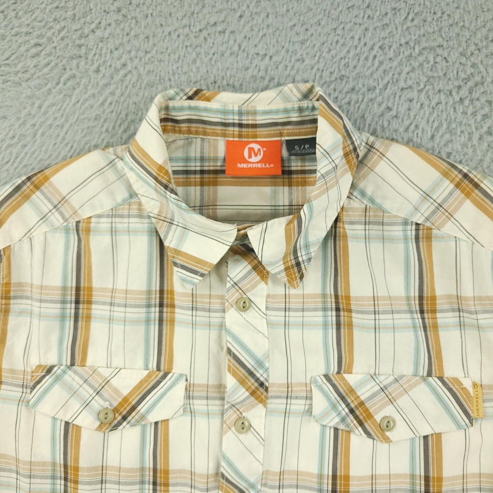 Merrell Shirt Mens Small White Plaid Short Sleeve Button Front Cotton Casual