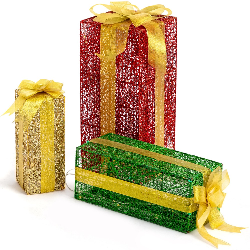 Set of 3 Pre-Lit Christmas Gift Boxes with 90 Warm LED Lights for Decor