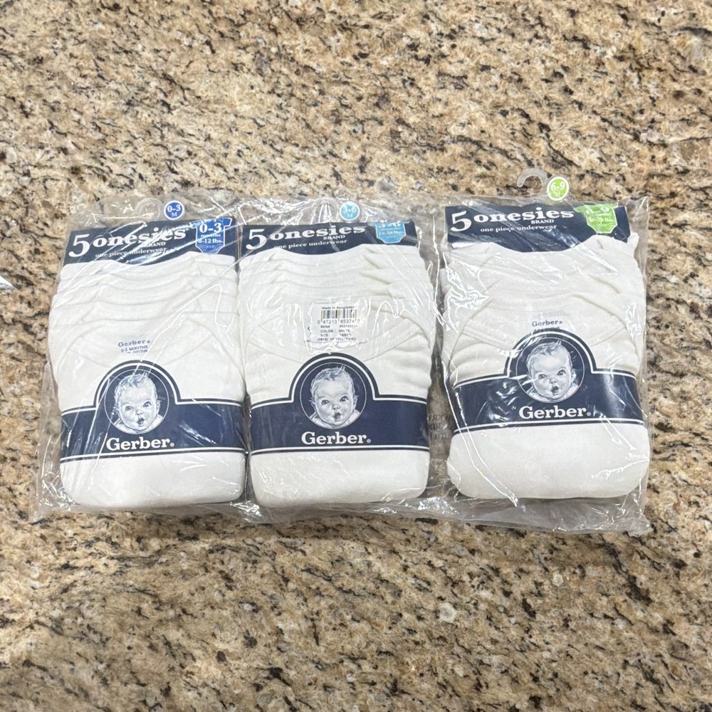 3 Gerber 5-Pack Cotton Onesies Short Sleeve Bodysuit White 0-3 3-6 6-9 Months