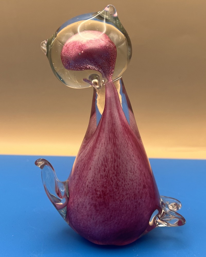 Vintage Art Glass Pink Clear Glass Cat Murano Style Figurine Paperweight 5