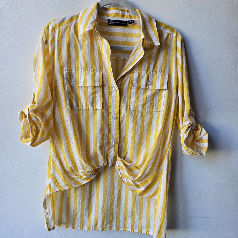 New York & Company Yellow White Striped Cotton Button-Up Blouse S Chest Pockets