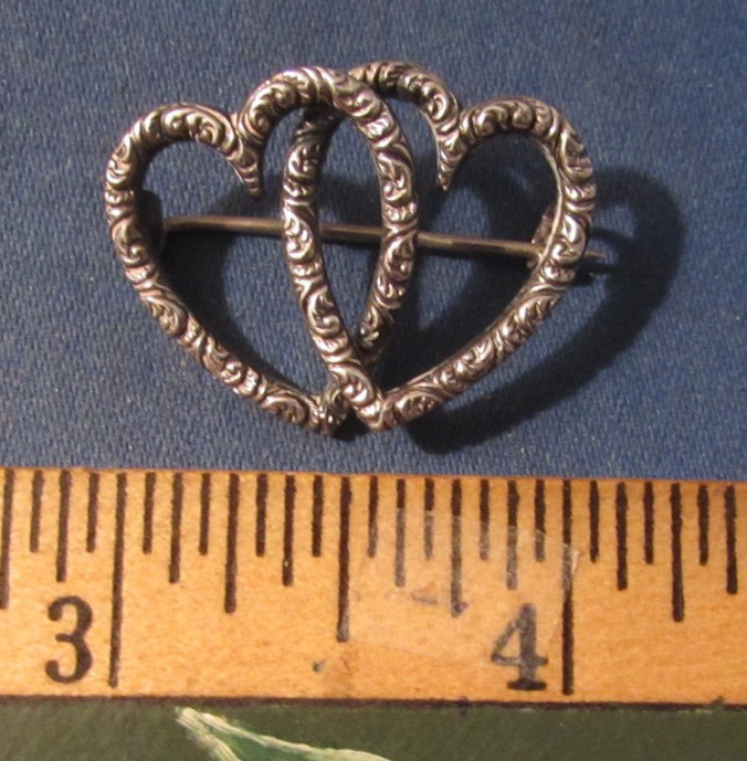 Antique Victorian Sterling Silver Entwined Hearts Brooch Pin Fancy Design