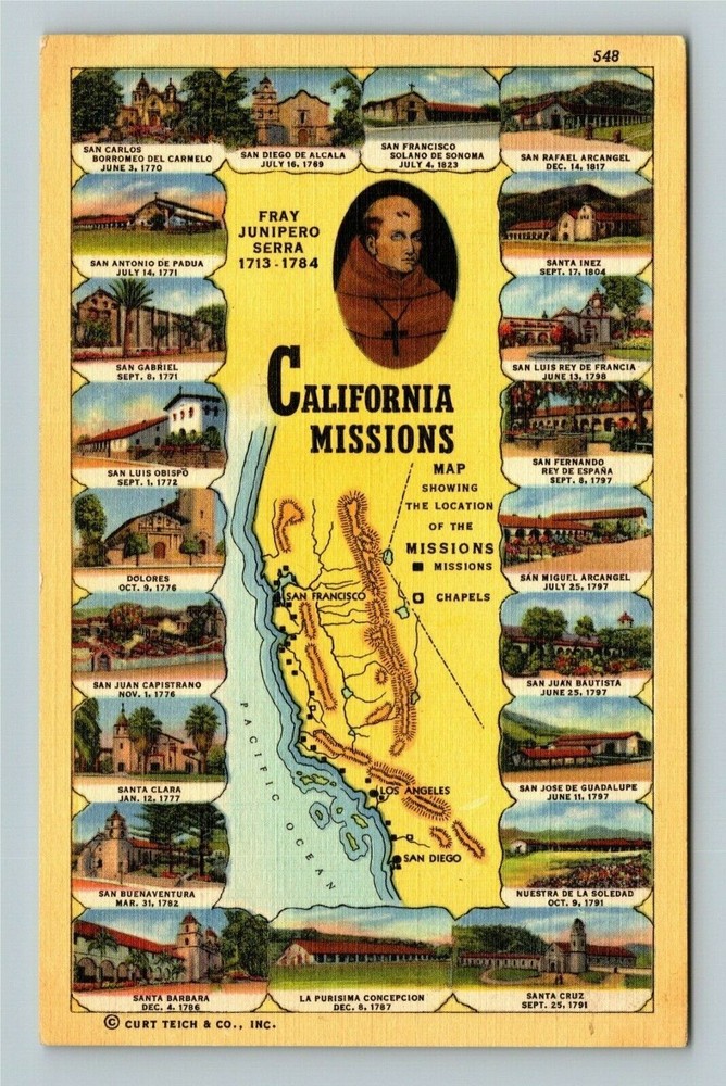 CA-California, California Missions, Map, Landmarks, c1947 Vintage Postcard