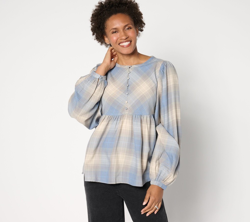 Me by Jennie Garth Women's Top Plus Sz 1X Ynez Drapey Flannel Blouse Blue