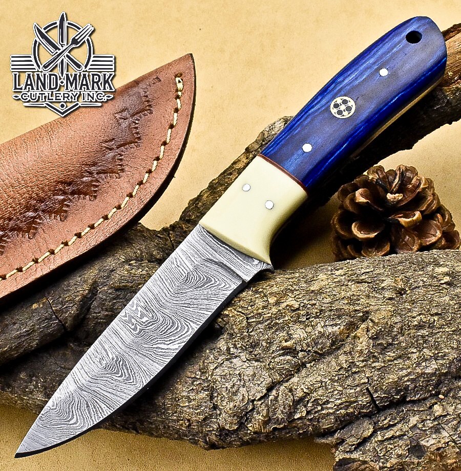 BEAUTIFUL DAMASCUS HUNTING SKINNER KNIFE WITH PAKKA WOOD & BONE BOLSTER HANDLE