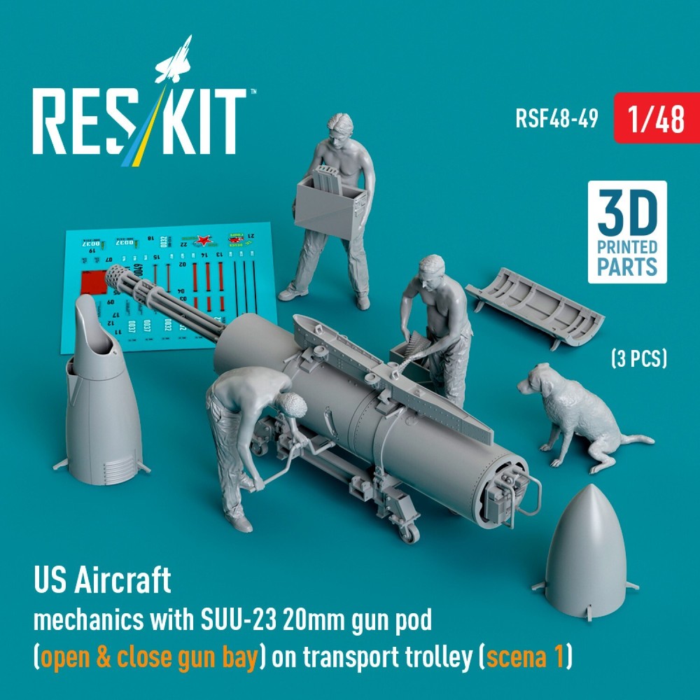 US Aircraft mechanics with SUU-23 20mm gun pod 3pcs Scale 1:48 ResKit RSF48-0049
