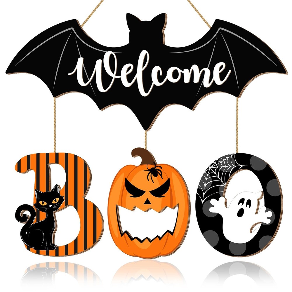 Halloween BOO Door Sign Decorations, Spooky Bat Welcome Hanging Boo