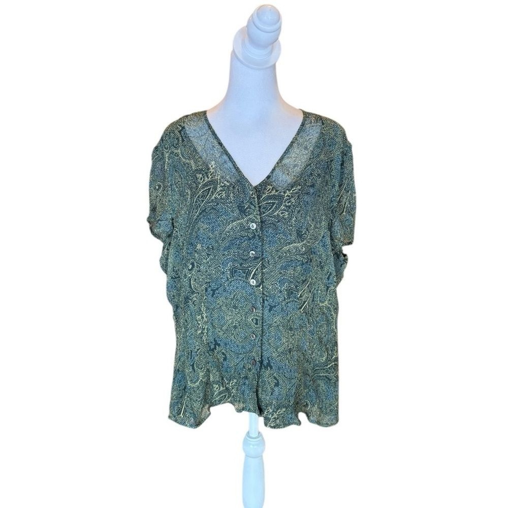 Jones New York Silk Floral Paisley Blouse Lined V Neck Button Front Womens 18W