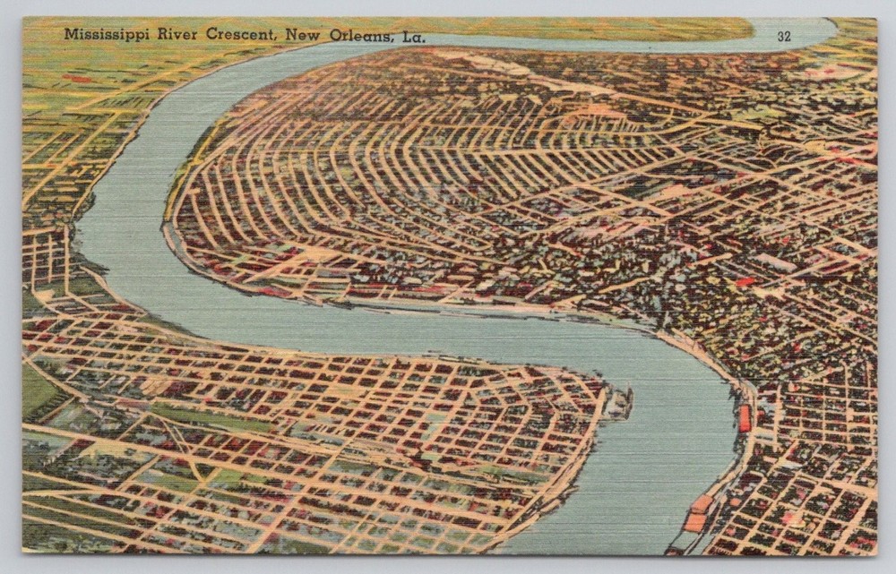 Vintage Linen Postcard Mississippi River Crescent New Orleans LA Aerial View
