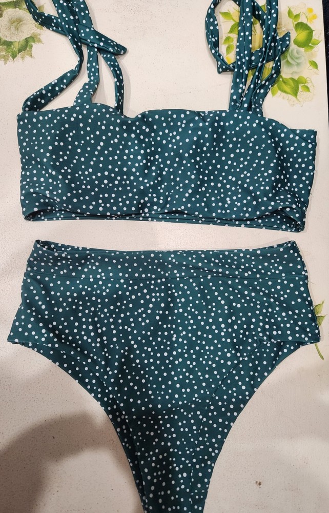 Women's Small Green and White Polka Dot Crop-Top High-Waisted Bikini