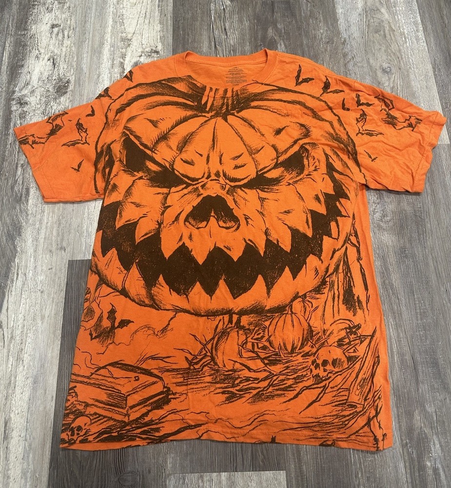 Y2K Halloween Jack-o’-lantern Pumpkin AOP Shirt Sz Large Spooky Orange