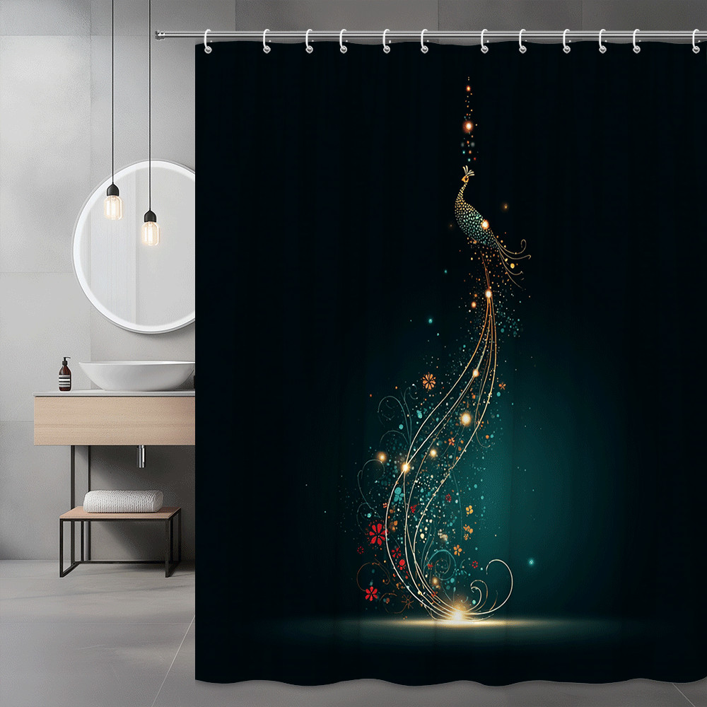 Peacock Floral Abstract Shower Curtain Dark Teal Gold Print