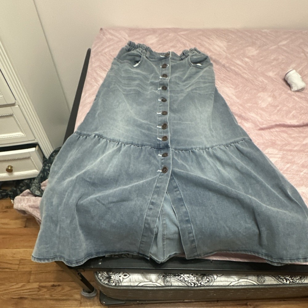 monthorigin Blue Denim Tiered Button Front Midi Skirt S Pockets High Rise