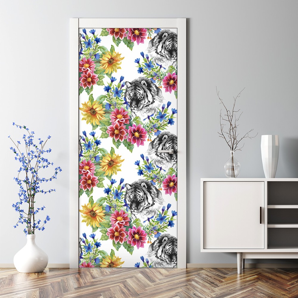 Tiger floral removable door sticker self-adhesive peel and stick leaves mural