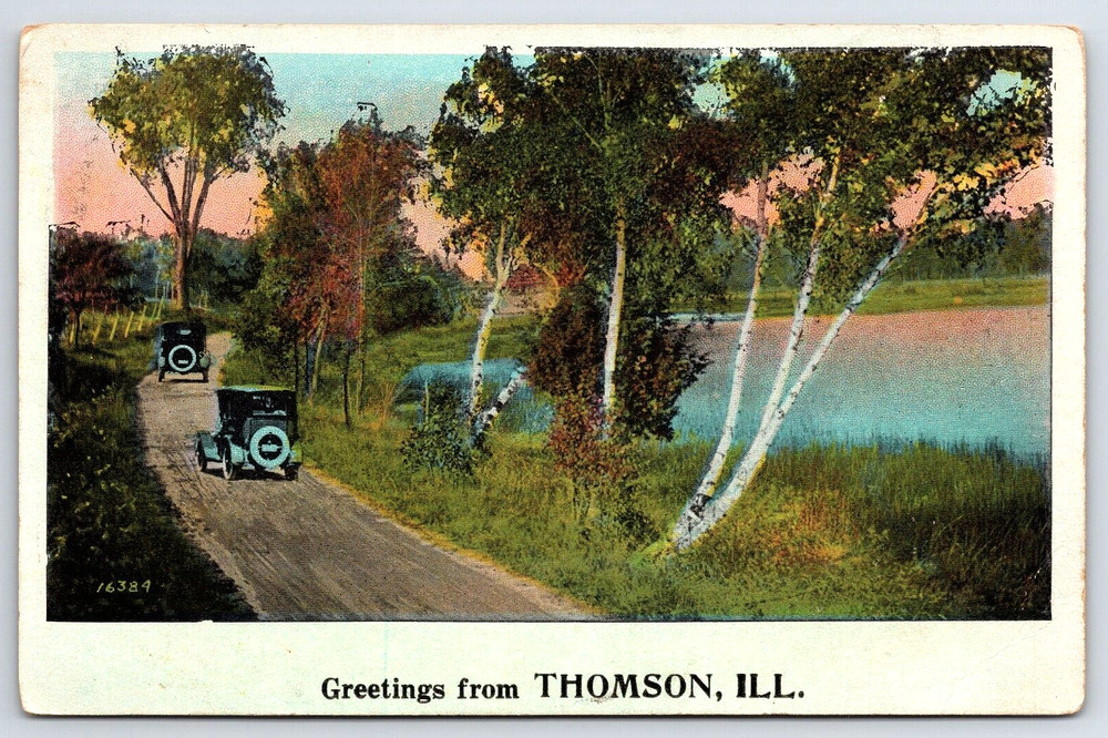 Vintage Old Outdoor Antique Postcard Greetings From Thomson Illinois Car Lake