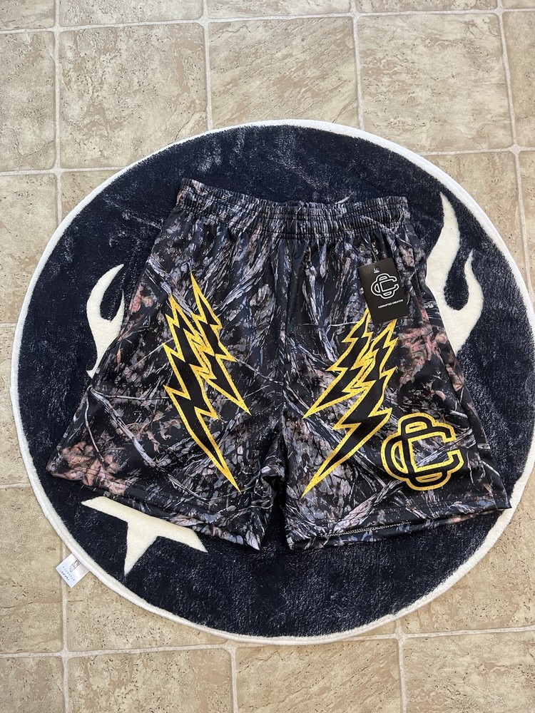 Corrupted Creative Lightning Mesh Basketball Shorts Black Yellow Drawstring Logo