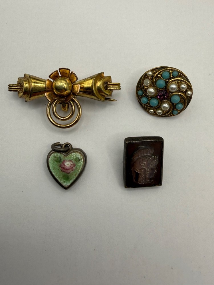Lot Victorian Gold Filled Brooch, Faux Pearl Brooch, Cameo Button, Heart Charm