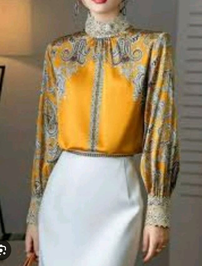 Satin Lace Mock-Neck Blouse Printed Long Sleeves Career Formal Long Sleeves Med