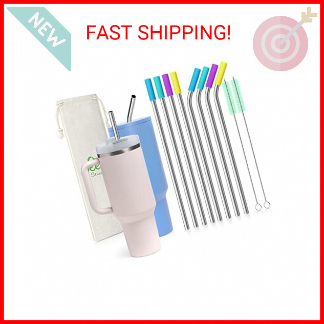 Teivio 8-Piece 5/16in Stainless Steel Straws for 40oz Tumblers with Cleaning Brushes