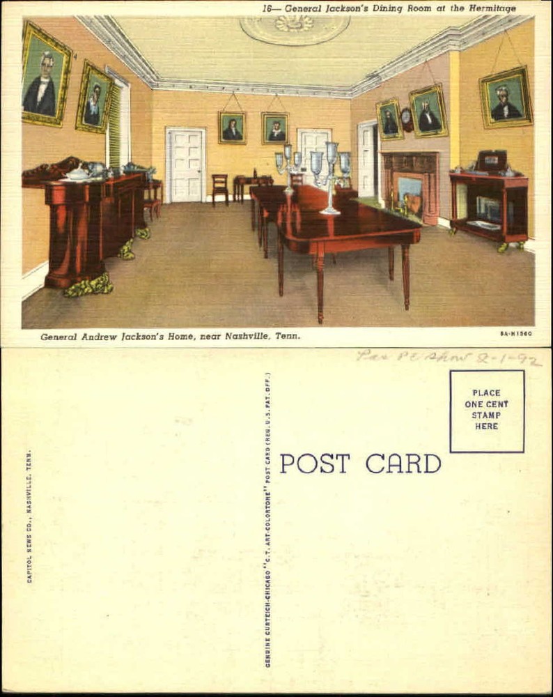 General Andrew Jackson home Nashville TN Hermitage dining room 1940s postcard