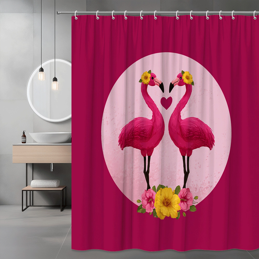 Flamingo Heart Floral Shower Curtain Pink Graphic Print