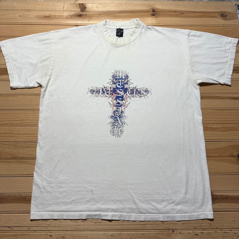 Vintage Y2K Cotton Heritage USA Jesus Messiah Cross Tattoo Art Graphic Shirt 2XL