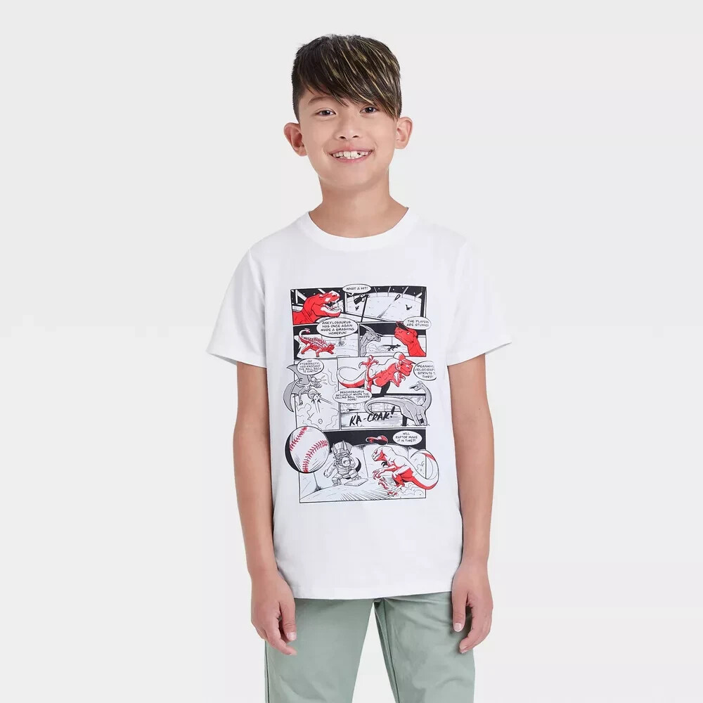 Cat & Jack Boys T-Shirt, Size Small 6/7, Short Sleeve, White, Dino Baseball
