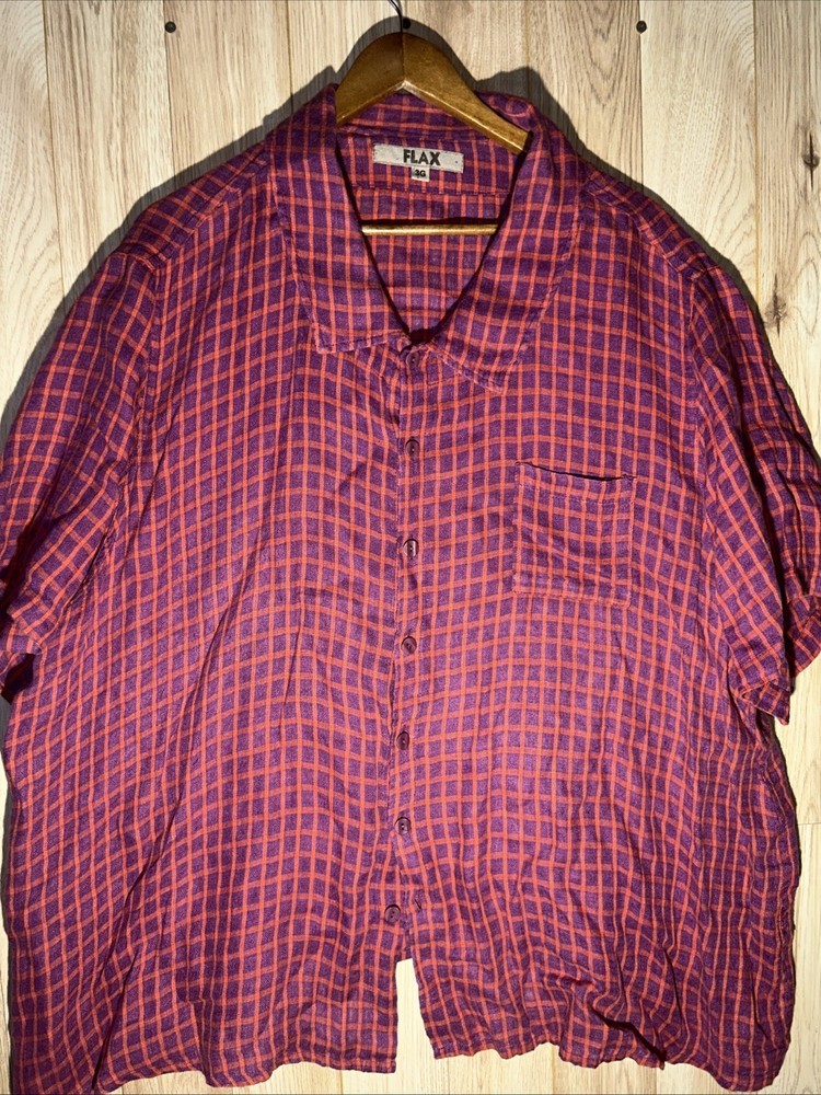 Flax Women’s 3G Linen Plaid Purple And Orange Button Up Shirt Generous