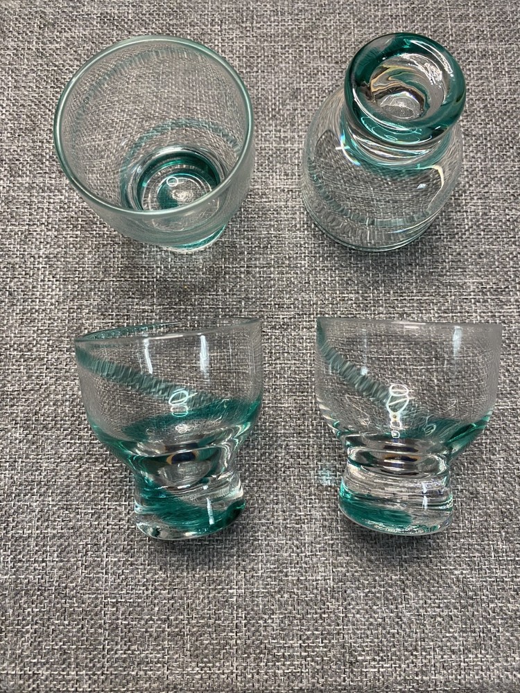 Vintage Teal Swirl Glass Sake Cups Set of 4 Japanese Style Shot Cups Art Glass