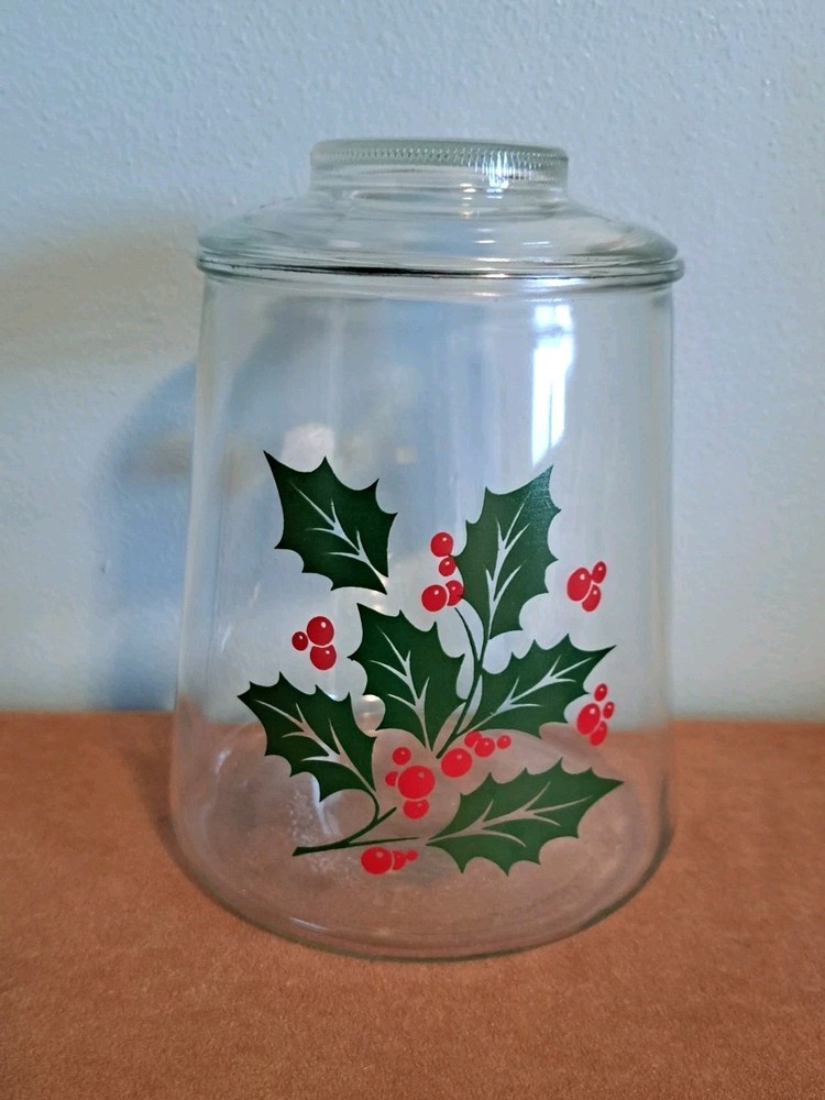 Vintage Bartlett Collins Glass Cookie Biscuit Jar & Lid Christmas Holly Berries!