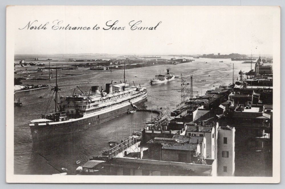 Suez Canal North Entrance RPPC Vintage Postcard Egypt Ships Maritime Caymet