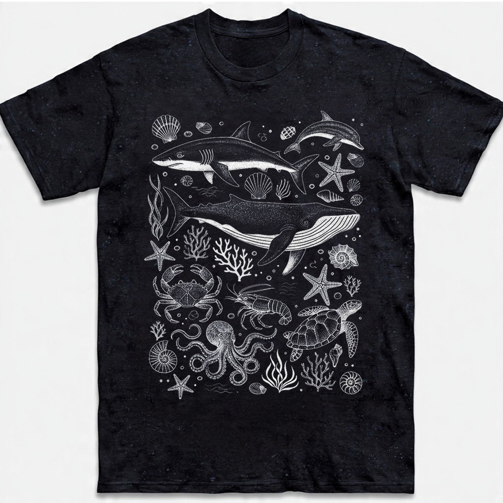 Ocean Creatures Shark Whale Octopus Marine Retro Sketch Vintage Gift Tee