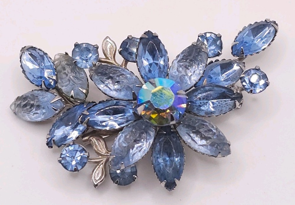 Vintage Ice Blue Rhinestone Floral Brooch Layered Navette Sapphire Unsigned