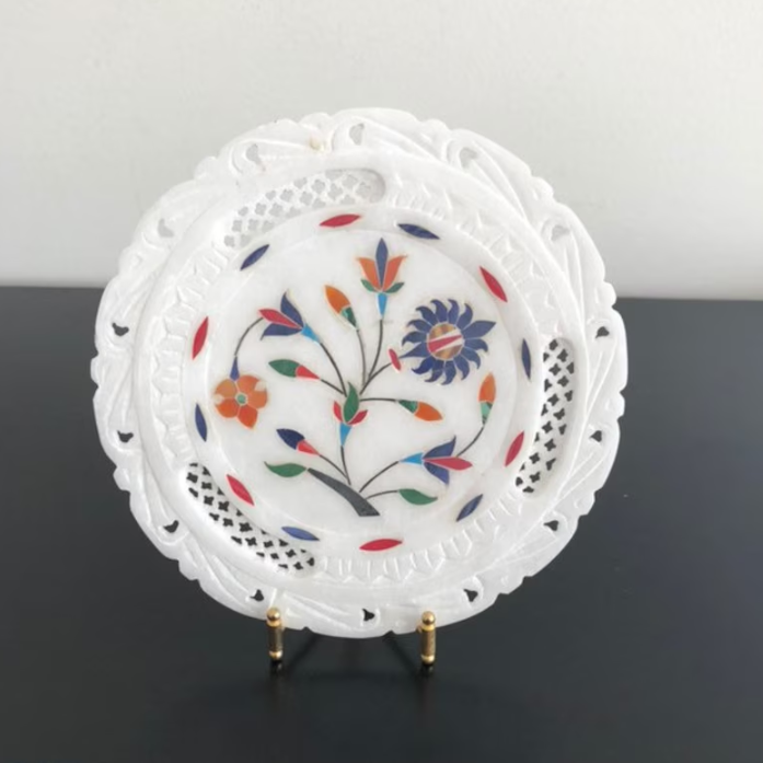 White Marble Inlaid Pietra Dura Trivet Indian Bohemian Home Decor