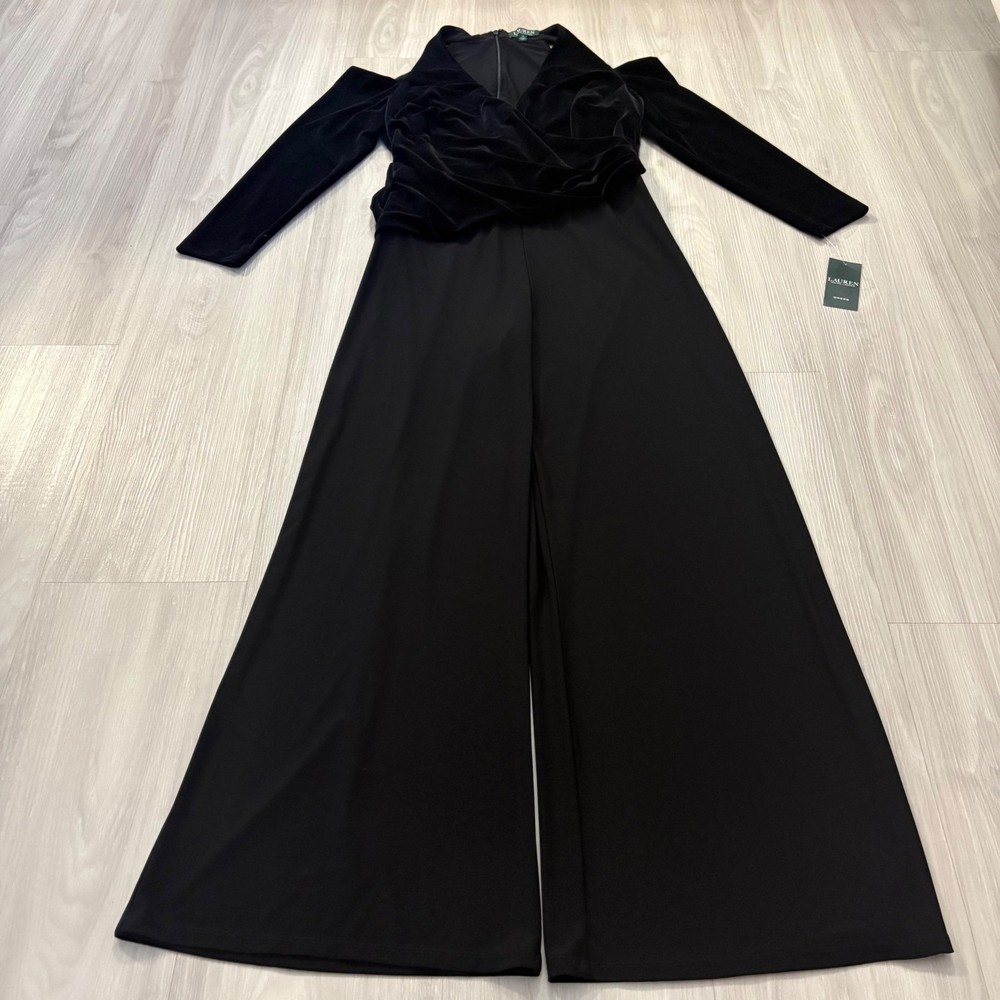 Lauren Ralph Lauren Jumpsuit Women Black Velvet Cold Shoulder Wide Leg Sz 16 NWT