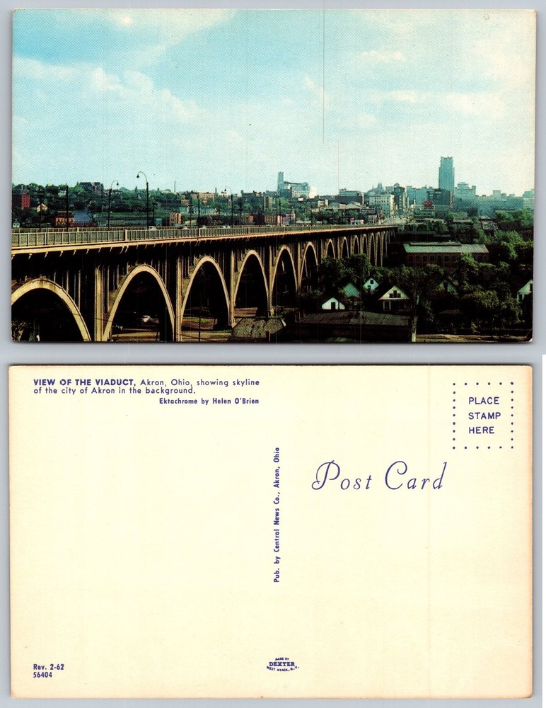 Vintage 1962 Akron Ohio Viaduct Bridge City Skyline Ektachrome Postcard