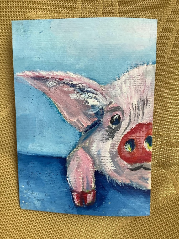 ACEO Original Painting Pig Whimsical Farm Animal Miniature OOAK Piglet Art