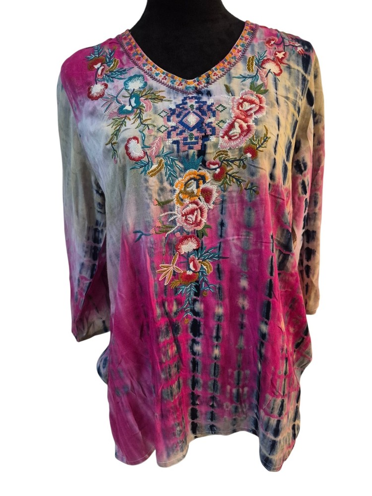 Calessa M Tunic Top Embroidered Floral Tie Dye Embroidered Boho Rayon