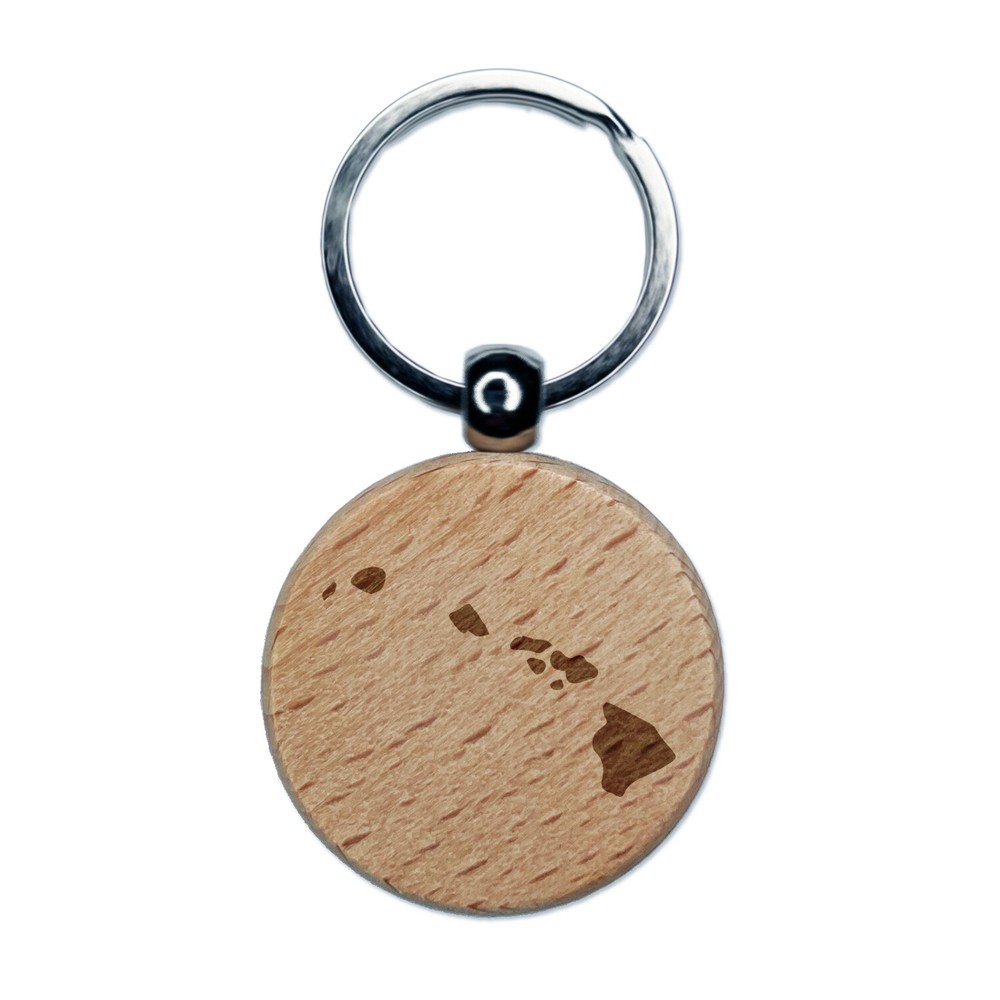 Hawaii State Silhouette Engraved Wood Round Keychain Tag Charm