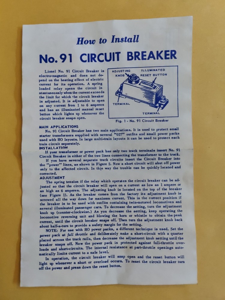 Lionel Number 91 Circuit Breaker Instruction Sheet Post War Dated 11-59