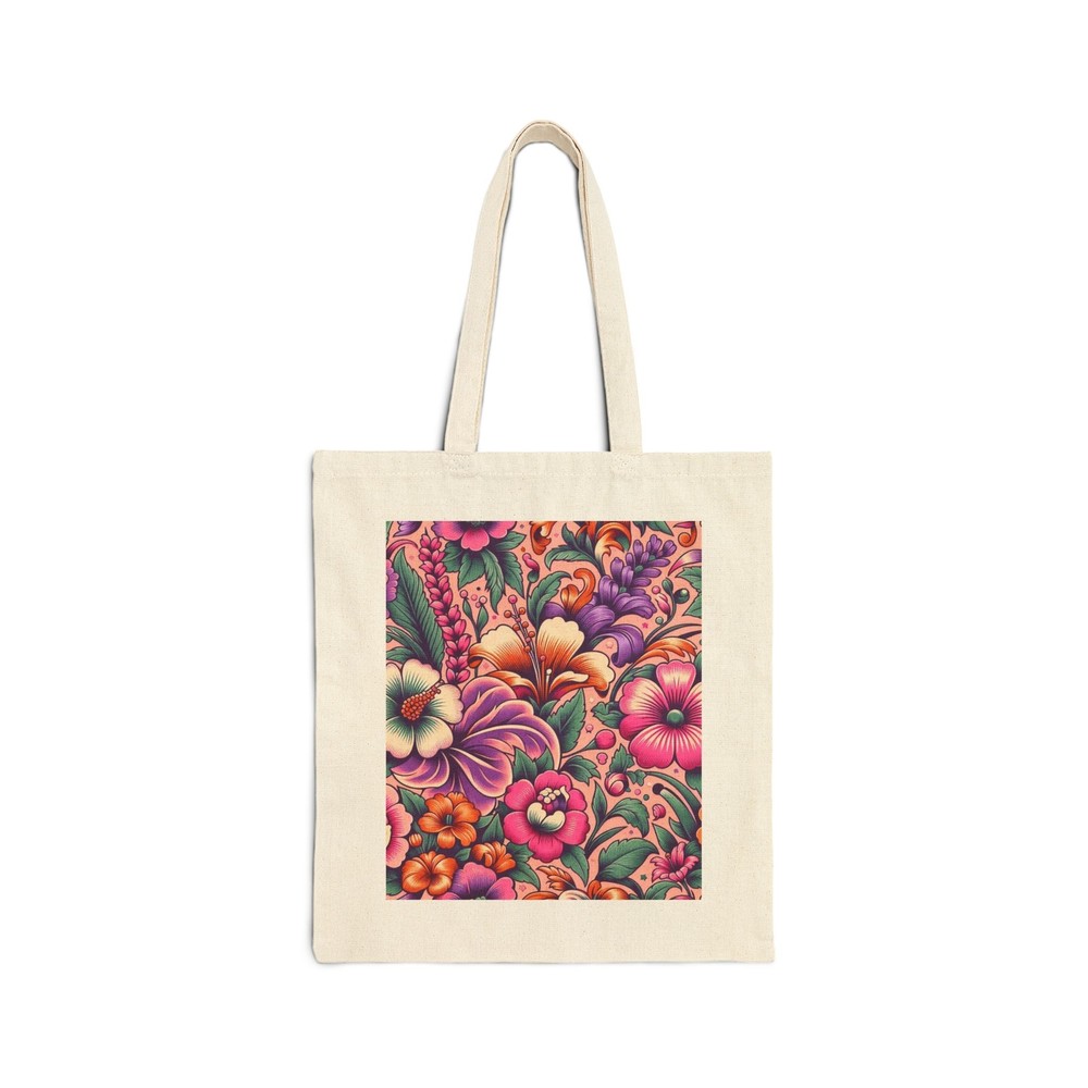 Floral Cotton Canvas Tote Bag in Pink Orange Purple Design Perfect Gift